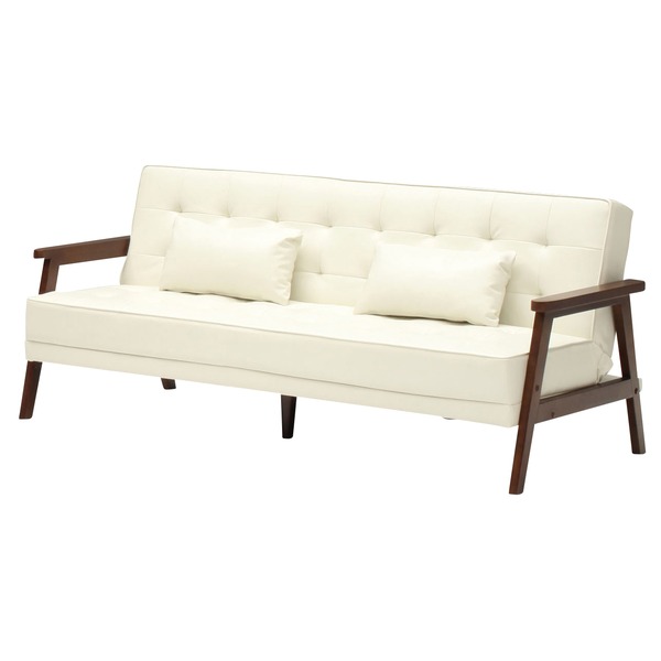 ソファーベッド シングル 幅185cm アイボリー PVCレザー 合皮 クッション2個 肘付き 脚付き Milano ミ..