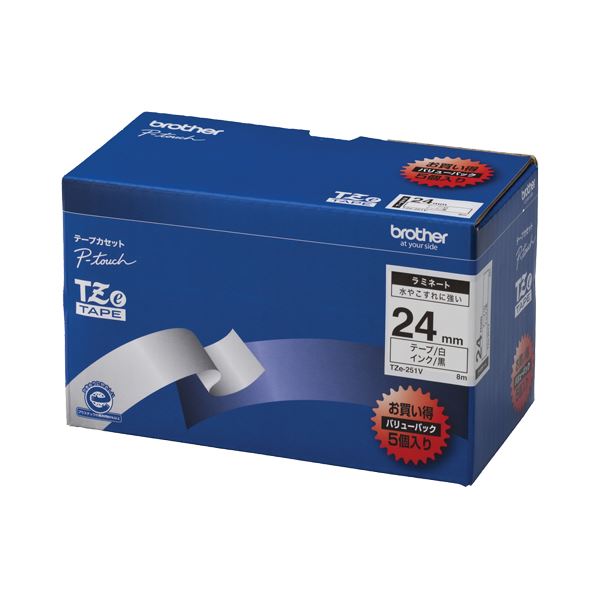 (まとめ）ブラザー BROTHER ピータッチ TZeテープ ラミネートテープ 24mm 白/黒文字 業務用パック TZE-..