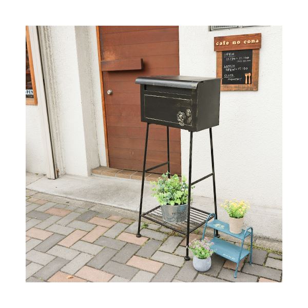 ポスト 郵便受け 幅425mm 横型 ローズ ブラック スチール 棚付き ガーデン 玄関 エ...