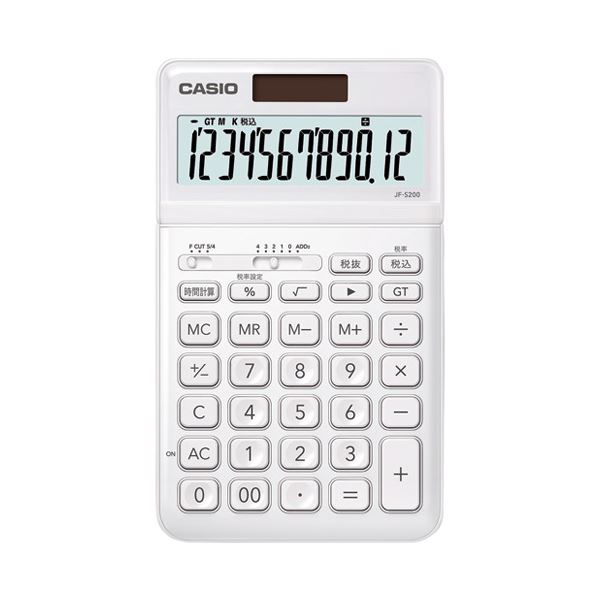 ■サイズ・色違い・関連商品■ピンク■ネイビー■ホワイト[当ページ]■商品内容カシオ計算機 デザイン電卓 ホワイト JF-S200-WE-N■商品スペックワントーンで洗練されたスタイリッシュ電卓。電卓（小型タイプ）。デザイン電卓。チルト表示。12桁。表示数字（高）18mm。表示カバーアクリル。早打ち対応。税計算。時間計算。計算状況表示。●外形寸法：幅109×奥183.5×高10.8mm●質量：150g（電池込み）●電源：太陽電池+内臓電池（CR2016×1）●付属品：内臓電池（CR2016）、取扱説明書、保証書●保証期間：1年間■送料・配送についての注意事項●本商品の出荷目安は【3 - 6営業日　※土日・祝除く】となります。●お取り寄せ商品のため、稀にご注文入れ違い等により欠品・遅延となる場合がございます。●本商品は仕入元より配送となるため、沖縄・離島への配送はできません。