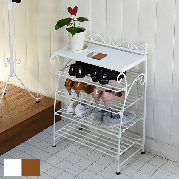 シューズラック スリム 木製 4段 縦長 アンティーク 玄関 省スペース 幅60 天板 大容量 棚 ロータイプ スチール 一人暮らし 室内 薄型 おしゃれ 頑丈...