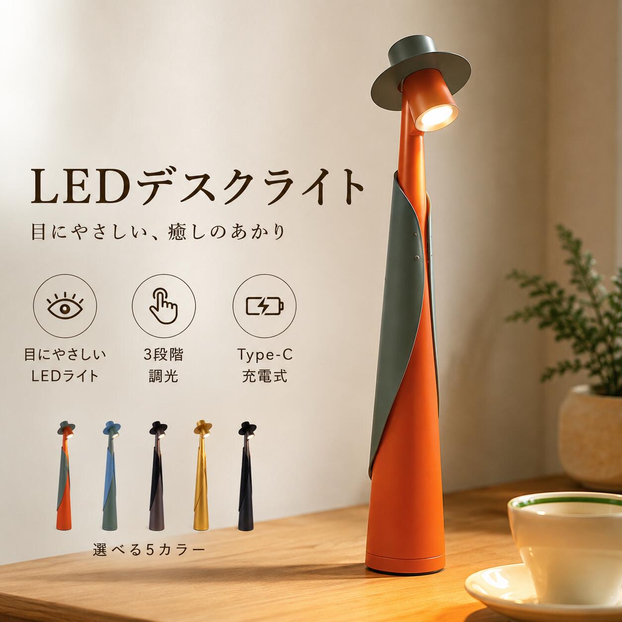 商品仕様商品名：LEDテーブルライト 光源：LED 調光：3段階 充電方式：USB Type-C サイズ：約35cm × 5cm 給電方式：充電式 カラー：ブラック／ゴールド／オレンジ／ブルー／グリーン 使用場所：寝室・リビング・デスク・書斎・キャンプ・アウトドア商品特長目にやさしいLED光源 高品質LEDを採用し、ちらつきを抑えたやさしい光を実現。 長時間使用しても目が疲れにくく、快適にお使いいただけます。 3段階調光 ワンタッチで明るさを3段階に切り替え可能。 弱光：リラックスタイム・就寝前 中光：ベッドサイド・インテリア照明 強光：読書・勉強・作業用 シーンに合わせて最適な明るさを選べます。 Type-C充電式 USB Type-C充電対応。 コードレスで持ち運びしやすく、好きな場所で使用できます。 滑り止めベース 底面には滑り止め加工を採用。 デスクやテーブルの上でも安定して設置できます。 北欧風デザイン モダンで洗練されたデザイン。 インテリアとしても美しく、お部屋をおしゃれに演出します。おすすめシーン読書灯 デスクライト ナイトライト 授乳ライト テーブルライト 間接照明 キャンプライト インテリア照明ご注意モニター環境により、実際の色味と異なる場合があります。 サイズは手作業で測定しているため、若干の誤差が生じる場合があります。 製品の仕様・デザインは品質向上のため予告なく変更する場合があります。目にやさしいLED光源 高品質LEDを採用し、ちらつきを抑えたやさしい光を実現。 長時間使用しても目が疲れにくく、快適にお使いいただけます。 3段階調光 ワンタッチで明るさを3段階に切り替え可能。 弱光：リラックスタイム・就寝前 中光：ベッドサイド・インテリア照明 強光：読書・勉強・作業用 シーンに合わせて最適な明るさを選べます。 Type-C充電式 USB Type-C充電対応。 コードレスで持ち運びしやすく、好きな場所で使用できます。 滑り止めベース 底面には滑り止め加工を採用。 デスクやテーブルの上でも安定して設置できます。 北欧風デザイン モダンで洗練されたデザイン。 インテリアとしても美しく、お部屋をおしゃれに演出します。
