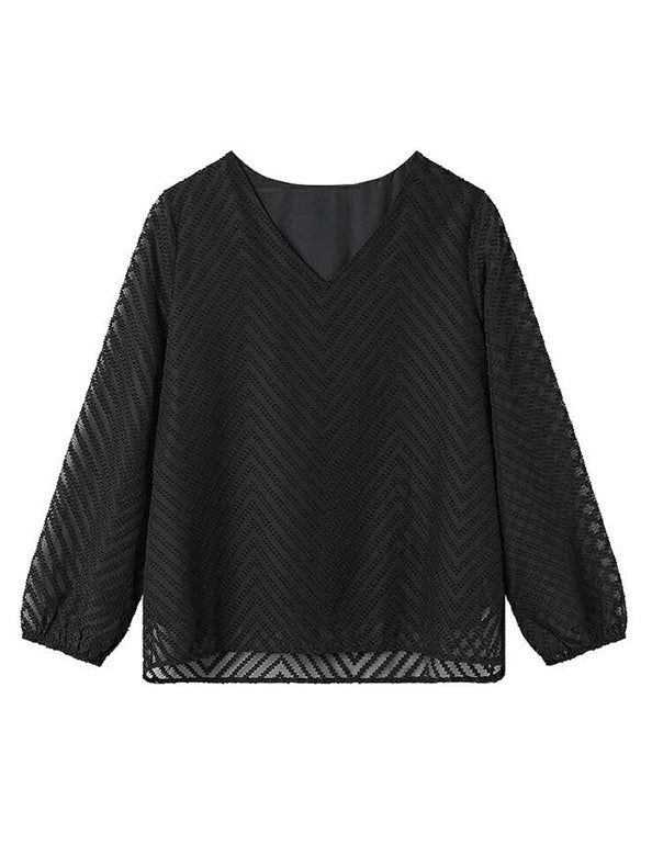ブラウス レディース トップス シャツ Vネック ボリューム袖 バルーン袖 シアー シースルー 透け感 軽やか 上品 きれいめ オフィス カジュアル 着回し 白 黒 ホワイト ブラック M L 春 夏 秋