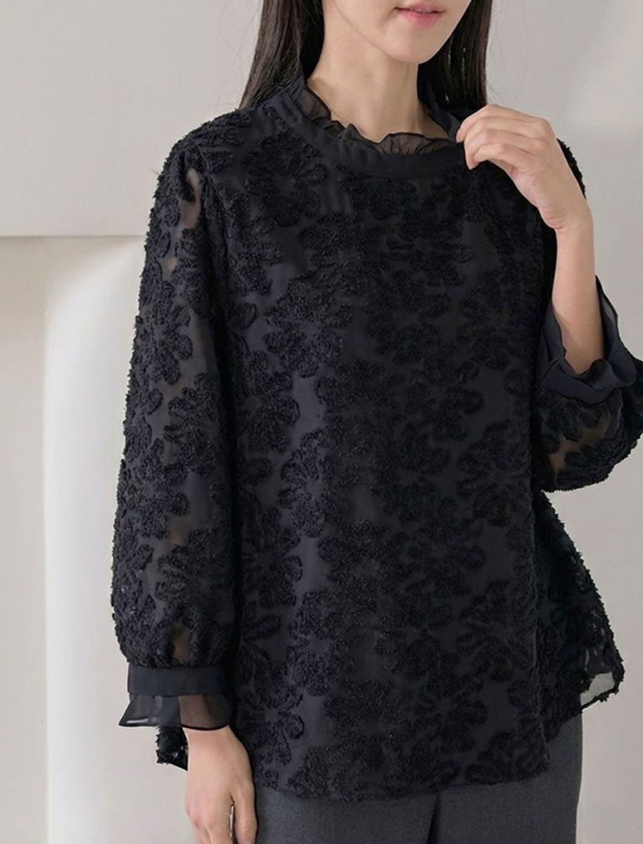 乐天商城 - ブラウス シャツ トップス レディース 長袖 フリル レース ジャガード 立体柄 上品 きれいめ エレガント フェミニン オフィス 通勤 カジュアル 着回し 体型カバー 大人可愛い 高見え 春 秋 フリーサイズ