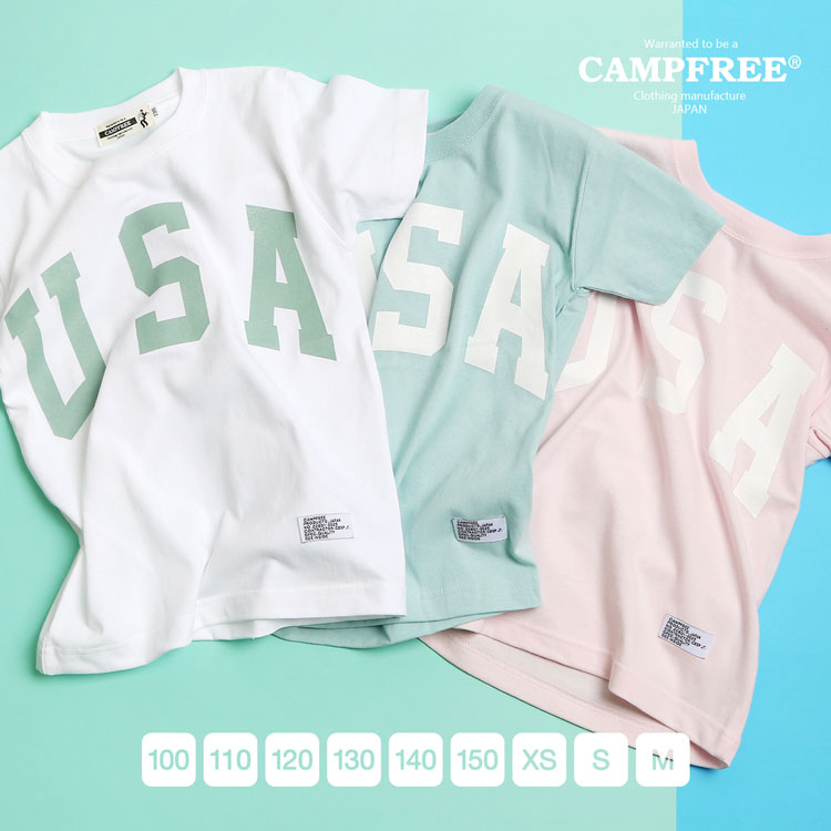 CAMPFREE キャンプフリー Tシャツ 半袖 ロゴt ペアtシャツ プリントTシャツ ティーシャツ ティシャツ 家族 親子 兄弟 姉妹 親子 お揃い おそろい ペアルック ペア メンズ レディース ジュニア 男子 男の子 女の子 USA ピンク ホワイト メール便 送料無料