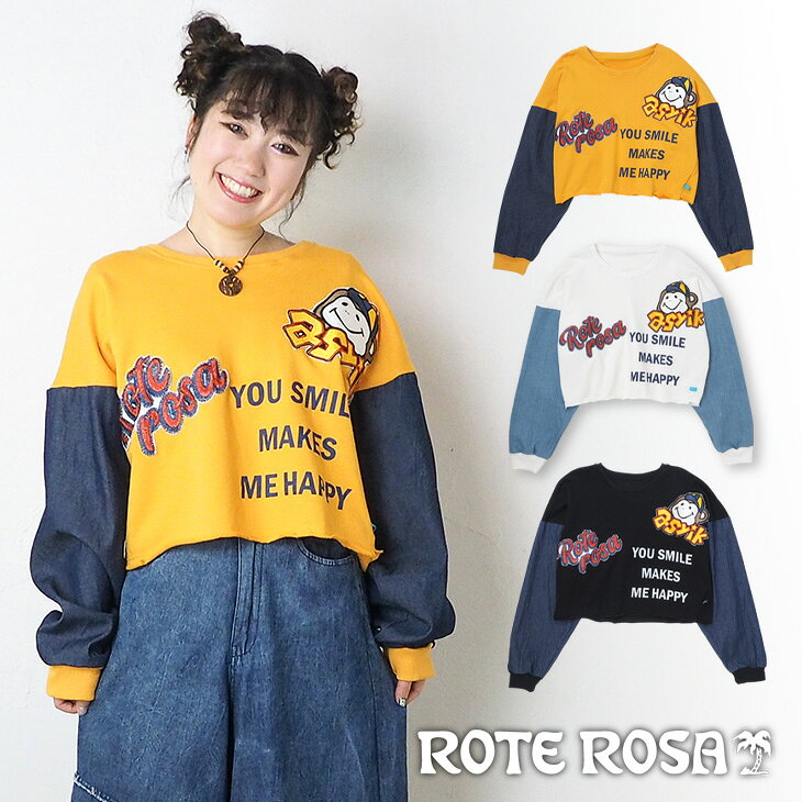 樂天商城 - 送料無料 ROTE ROSA(ローテローザ) モンキー刺繍 ショート丈トレーナー スウェット トップス 長袖 ゆったり 袖デニム スポーティ ワッペン アップリケ カジュアル