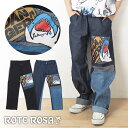 送料無料 ROTE ROSA(ローテローザ)サメ プリント切替え パンツ ゆったり 大きめ レディース 古着系 綿 デニム ユニセックス オーバーサイズ オリジナル エルロデオ EL RODEO キャラクター イラスト
