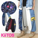送料無料 KiiTOS(キートス)うさぎプリントサルエルパンツ レディース ボトムス ユニセックス カジュアル カラフル ポップ 原宿系 古着系 オリジナル 個性的 デニム スウェット 楽チン ウエストゴム ゆったり 大きい オーバーサイズ ビッグ
