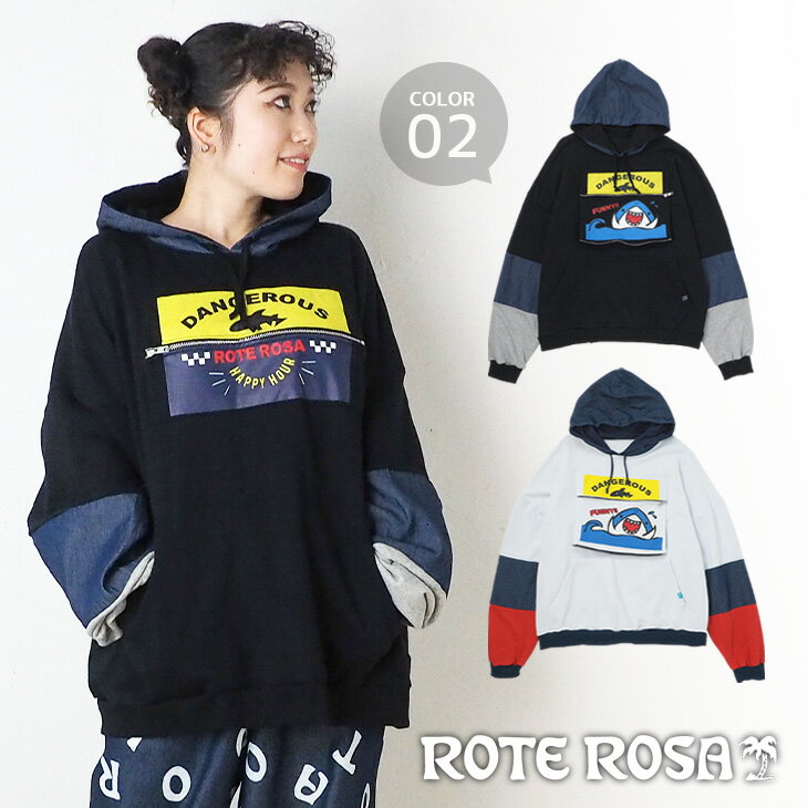 樂天商城 - 送料無料 ROTE ROSA(ローテローザ) ファスナー仕掛け サメパーカートレーナー レディース トップス スウェット フード付き カジュアル スポーティ ポップ ユニーク 可愛い イラスト ゆったり 大きい 大きめ ビッグ
