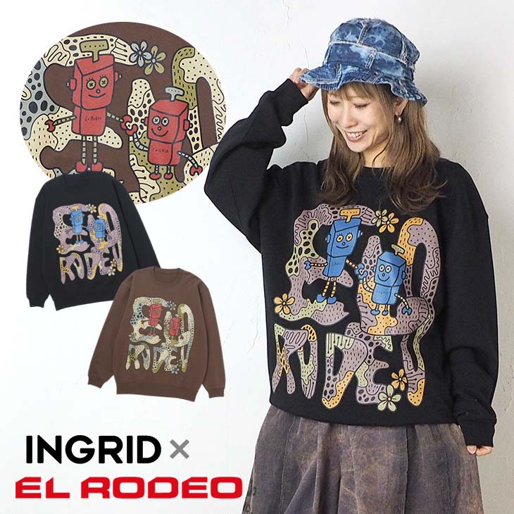 樂天商城 - 送料無料 INGRID コラボ ロボロゴ トレーナー レディース トップス 長袖 スウェット 丸首 メンズ ユニセックス 男女兼用 オーバーサイズ ゆったり 大きい 大きめ カジュアル プリント アート イラスト ダークカラー XL