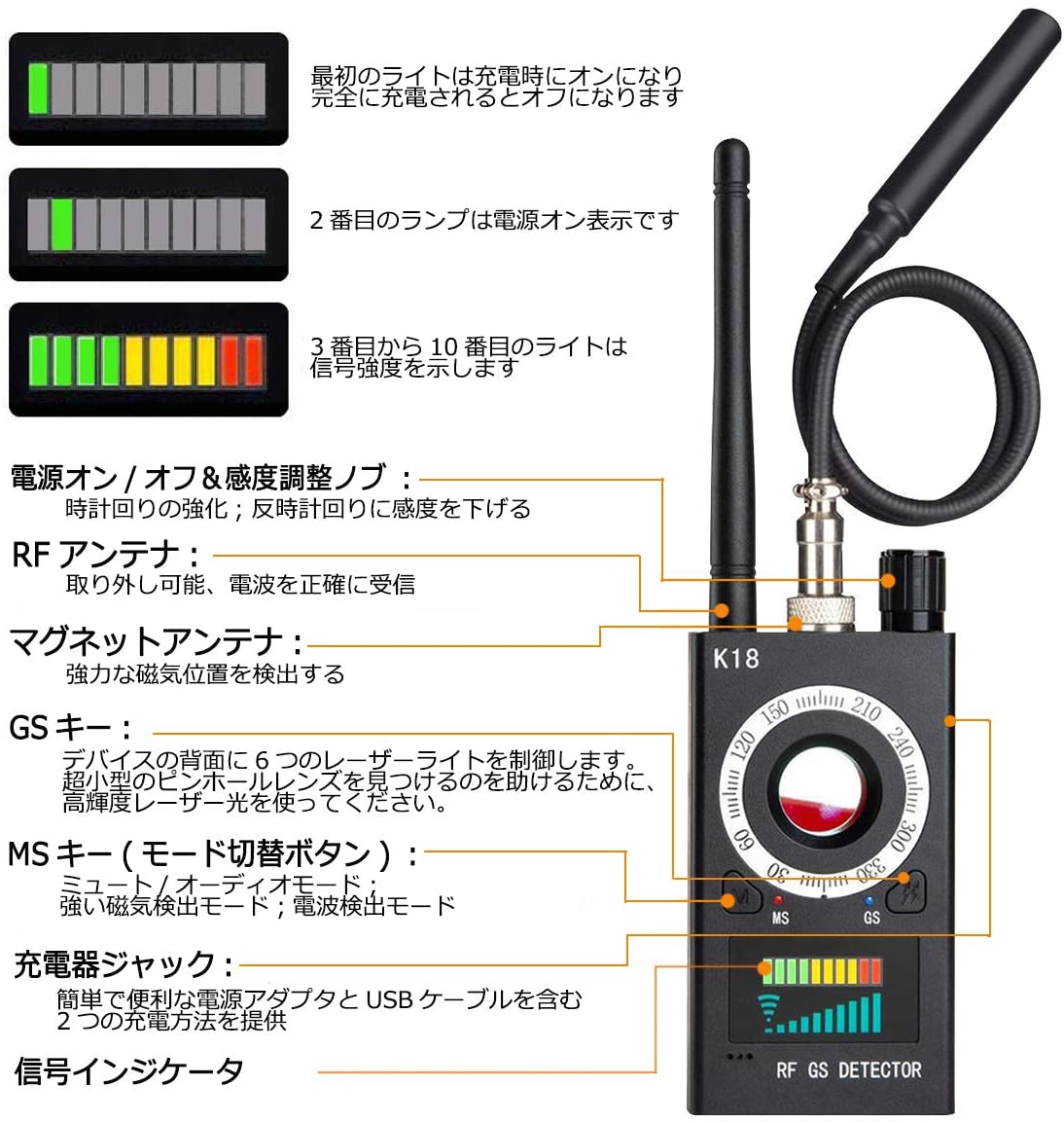 【最新型】【盗聴器発見機 盗聴器 発見機 高感度防犯グッズ 探知機 GPS追跡設備 電波探知 信号探知機 磁気感知 ブザーモード バイブレーションモード 日本語説明書付き】