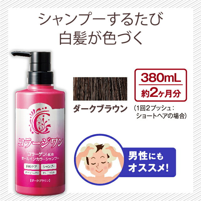 コラージワンオールインカラーシャンプー【ダークブラウン】(380mL)【日本製】白髪染めダークブラウンカラーシャンプーオールインワン染まる白髪ケアシャンプーコンディショナートリートメントコラーゲン男女兼用シリコンフリージアミン系染料不使用
