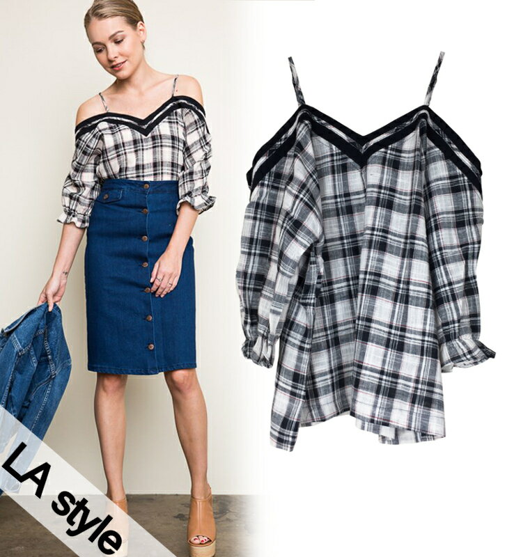  OFF SHOULDER PLAID TOPS / オフショルダー チェック フレア カットソー トップス