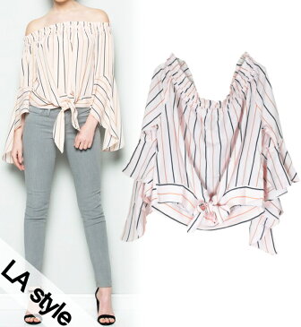 [LA style/LAスタイル] OFF SHOULDER BELL SLEEVES TOPS / オフショルダー ストライプ ベルスリーブ トップス