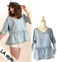  PEPLUM DENIM TOP / ペプラム デニム リボン フレア カットソー トップス