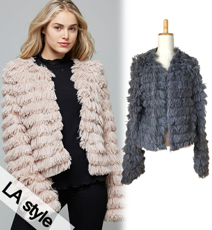  FAUX FUR SHORT JACKET / グレー ベージュ ピンク フェイクファー フリンジ ジャケット もこもこ ふわふわ