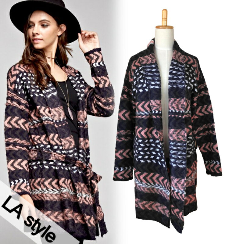  AZTEC PRINT BELTED CARDIGAN / アステカ ネイティブ柄 ロング カーディガン ニット 前開き ドロップショルダー 襟付き ウエストマーク ベルト付き