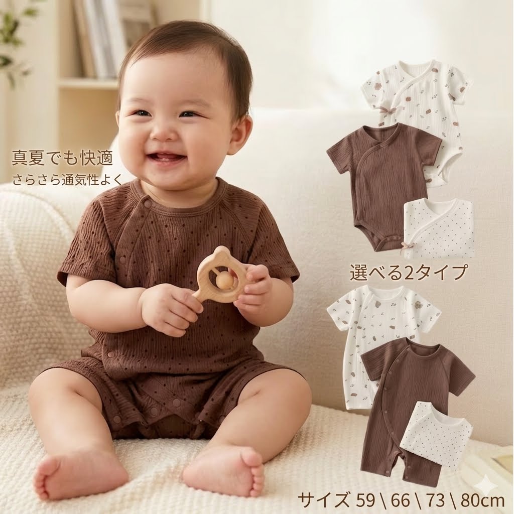 Rakuten - ベビー服 赤ちゃん服 ボディスーツ ロンパース カバーオール 半袖 涼しい 快適 ベビーロンパース 半袖ロンパース 総柄 新生児 子供 ロンパス