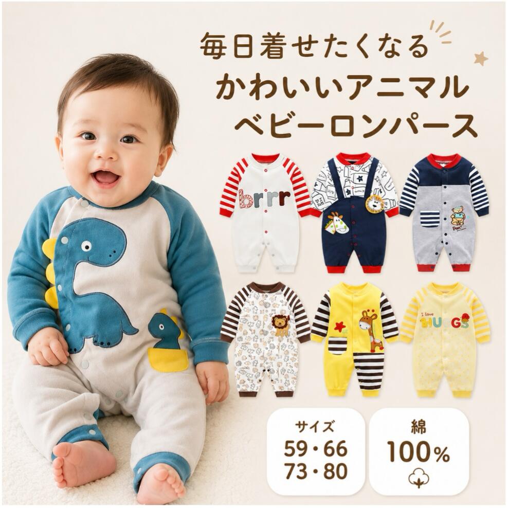 カバーオール 秋 冬 春 長袖カバーオール 長袖 ロンパース 男の子 ベビー服 かわいい恐竜 キリン刺繍 動物 アニマル 新生児 70 80 新生児服 出産祝 プレゼント