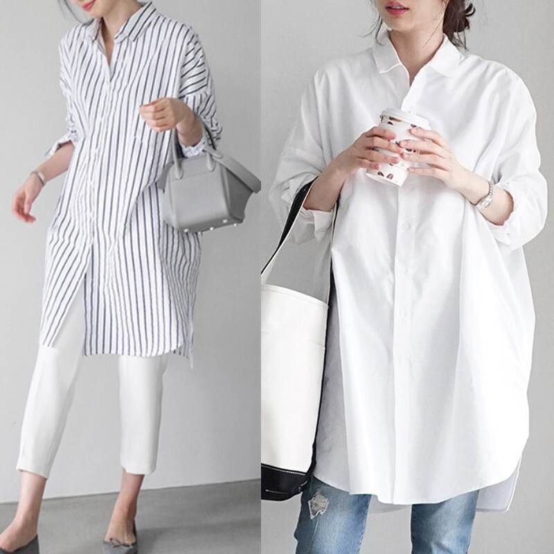 Rakuten - トップス シャツ ブラウス ロング丈 七分袖 襟付き レギュラーカラー オーバーサイズ ビッグシルエット ドロップショルダー かわいい 大人可愛い きれいめ シンプル カジュアル 大人 上品 おしゃれ かっこいい こなれ感 スポーティー ルーズ クール 個性的
