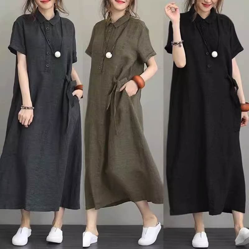 Rakuten - ワンピース ロングスカート ロング ロング丈 半袖 襟付き エスニックハイウエスト かわいい 大人可愛い きれいめ シンプル カジュアル 大人 おしゃれ お洒落 レトロ アジアン こなれ感 ガーリー ルーズ クール 主役級 存在感 花柄 夏 レディース 大きいサイズ 女性用