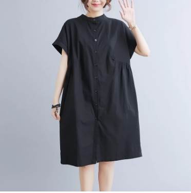 Rakuten - ワンピース シャツ 膝下 半袖 Uネック 襟なし フレア 大人可愛い きれいめ シンプル カジュアル おしゃれ かっこいい レトロ ラフ メンズライク ボーイッシュ 主役級 存在感 無地 夏 誕生日 二次会 10代 20代 30代 40代 レディース デート お出かけ 休日 イベント 旅行 海