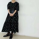 【スーパーセール限定 お得なクーポン発行中】ふんわり ワンピース ロング丈 テントライン 袖あり 半袖 ラウンドネック 襟なし セミフレア プリーツ フリル 切り替えデザイン プリント かわいい 大人可愛い きれいめ おしゃれ レトロ 大人可愛い 大人
