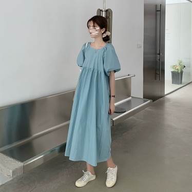 Rakuten - ワンピース ミモレ丈 5分袖 パフスリーブ スリム ストレート 大人可愛い きれいめ シンプル カジュアル 上品 おしゃれ ラフ ラブリー キュート ガーリー 個性的 エレガント モダン 無地 夏 誕生日 10代 20代 30代 レディース ママ デート お出かけ 公園デビュー 女子会