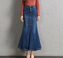 スカート デニムスカート ミモレ丈 ボタンダウン スリム Aライン マーメイドライン ハイウエスト きれいめ シンプル カジュアル 大人 お洒落 クール 無地 オールシーズン 美容師 メイクアップアーティスト ネイリスト アパレルスタッフ 美容部員 エステティシャン