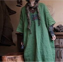 ワンピース Aライン ミモレ丈 ワイド 7分袖 Vネック 個性的 民族 刺繍 レトロ ウォッシュ加工 重ね着 大人可愛い カジュアル ラフ 夏 10代 20代 30代 40代 レディース ママ 学生 通学 お出かけ 体型カバー ゆる 楽ちん インスタ映え 美容師 メイクアップアーティスト
