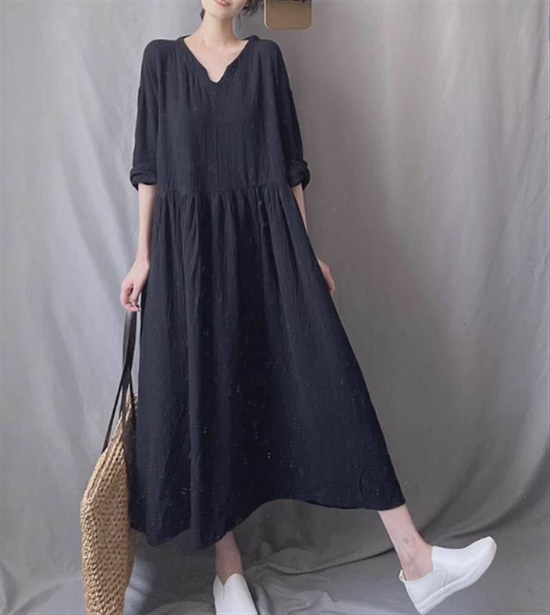 Rakuten - ワンピース フレアワンピース Aライン ロング丈 ポケット 長袖 Vネック 大人可愛い きれいめ カジュアル 大人女子 ラフ ガーリー 春 夏 無地 10代 20代 30代 40代 レディース ママ 学生 通学 デート お出かけ 体型カバー ゆったり ゆる 楽ちん インスタ映え 美容師