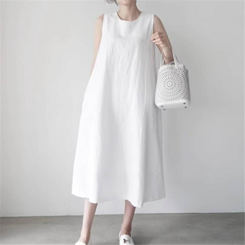 【ファッションザセール お得なクーポン発行中】ワンピース ロングスカート ロング ロング丈 ロングワンピース ノースリーブ ラウンドネック Aライン ゆったりウエスト リネン コットン かわいい 大人可愛い きれいめ シンプル カジュアル 大人 上品 お