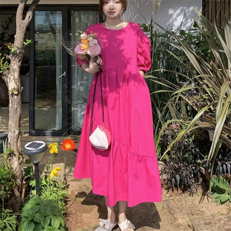 ドレス ミモレ丈ドレス ミモレ 袖あり 半袖 パフスリーブ ラウンドネック Aライン ゆったりウエスト かわいい きれいめ シンプル 大人 上品 おしゃれ かっこいい 大人女子 こなれ感 ラブリー キュート ガーリー 個性的 クール モード系 主役級 存在感 エレガント 大人 上品