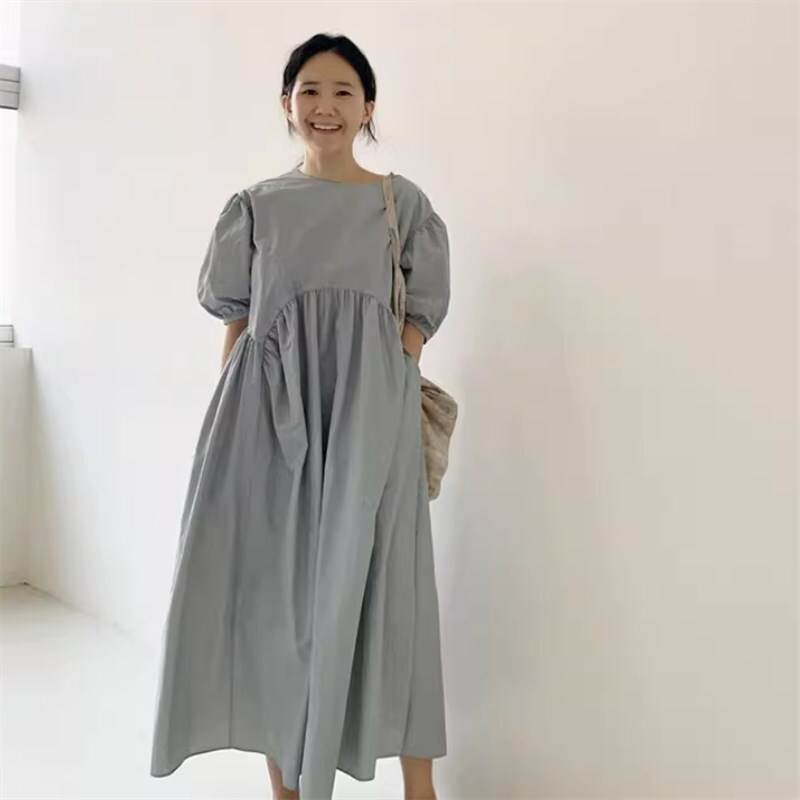 Rakuten - ワンピース ロングスカート ロング ロング丈 袖あり 半袖 パフスリーブ ラウンドネック Aライン ハイウエスト かわいい 大人可愛い きれいめ シンプル カジュアル 大人 上品 おしゃれ 甘い 涼しい 無地 夏 20代 30代 レディース デート 女子会 美容師