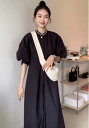 ドレス ミモレ丈ドレス ミモレ 袖あり 半袖 パフスリーブ ラウンドネック ハイカラー Aライン かわいい きれいめ シンプル 大人 上品 おしゃれ かっこいい おしゃれ 20代 30代 レディース パーティー イベント 美容師 メイクアップアーティスト ネイリスト アパレルスタッフ
