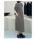 ワンピース ロング丈 袖あり 半袖 Iライン パフスリーブ ラウンドネック 細身 ストレート シンプル カジュアル 大人 おしゃれ お洒落 大人可愛い 大人女子 こなれ感 ラフ 抜け感 美容師 メイクアップアーティスト ネイリスト 美容部員