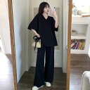 トップス ボトムス セットアップ オーバーサイズ Tシャツ カットソー ワイドパンツ 袖あり 5分袖 五分袖 Vネック ストレート 上下セット 2点セット ツーピース 大人可愛い シンプル カジュアル おしゃれ お洒落 かっこいい 大人女子 こなれ感 ラフ メンズライク ボーイッシュ