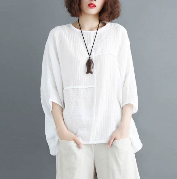Rakuten - トップス シャツ ブラウス 袖あり 7分袖 七分袖 Uネック リネン かわいい 大人可愛い きれいめ シンプル カジュアル 大人 上品 おしゃれ お洒落 かっこいい レトロ アジアン エスニック 大人女子 こなれ感 キュート ガーリー ルーズ 個性的 クール モード系 エレガント