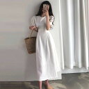 ワンピース ワンピドレス ロング丈 半袖 パフスリーブ ハイウエスト かわいい 大人可愛い きれいめ シンプル カジュアル 大人 上品 おしゃれ お洒落 大人女子 こなれ感 個性的 主役級 存在感 美容師 メイクアップアーティスト ネイリスト アパレルスタッフ
