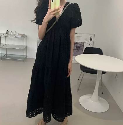 Rakuten - パフスリーブロングワンピース ゆったり ワンピース ロング丈 半袖 ブラック グリーン大きめ Aライン 清潔感 お出かけ ルームウェア パフスリーブ 旅行 爽やか フレア かわいい 大人可愛い きれいめ シンプル 大人 おしゃれ 大人可愛い 大人女子 ナチュラル キュート