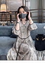 フレアワンピース ロング ロング丈 袖あり 七分袖 Vネック フレア セミフレア ウエストマーク かわいい 大人可愛い きれいめ カジュアル 大人 おしゃれ お洒落 かっこいい レトロ アジアン エスニック 個性的 モード系 主役級 存在感 美容師(4)