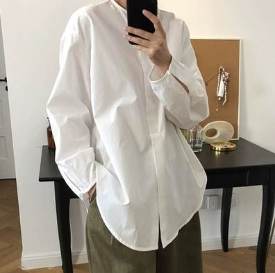樂天商城 - 長袖シャツ トップス 袖あり 長袖 襟なし ストレート シンプル カジュアル 大人 上品 おしゃれ かっこいい 大人女子 こなれ感 ラフ メンズライク クール エレガント とろみ感 無地 10代 20代 30代 40代 レディース 女性用 お出かけ 休日 着回し 普段使い 重ね着 楽ちん 定番