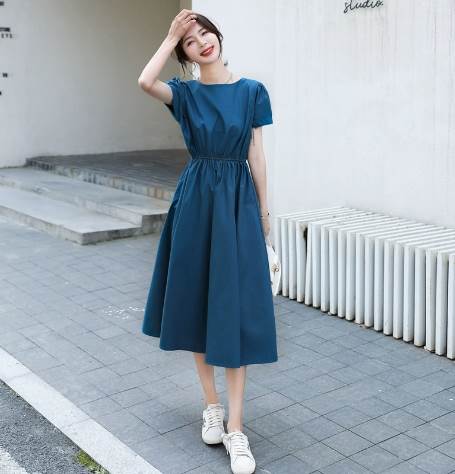乐天商城 - ワンピース ミモレ丈 袖あり 半袖 パフスリーブ ボートネック スリム Aライン フレア ウエストマーク 大人可愛い きれいめ シンプル カジュアル 上品 おしゃれ かっこいい ラフ ラブリー 無地 夏 レディース ママ デート お出かけ 女子会 普段使い 重ね着 コーデ モテ