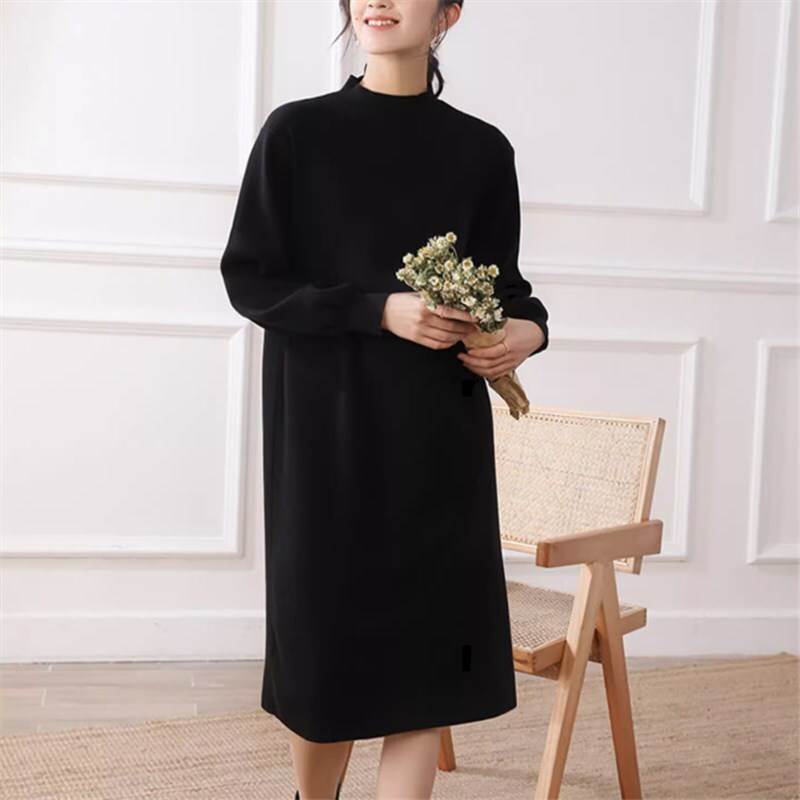 Rakuten - ワンピース ミモレ丈 黒 長袖 ハイカラー レギュラー Iライン ストレート ゆったり かわいい 大人可愛い きれいめ シンプル かっこいい 大人女子 こなれ感 主役級 無地 春 秋 レディース ビジネス OL デート 女子会 着回し 普段着 デイリー使い