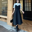 ドレス ロングドレス ロング丈 袖あり 半袖 パフスリーブ シャツ袖 Aライン フリル かわいい 大人可愛い きれいめ シンプル 大人 上品 無地 20代 30代 レディース パーティー イベント 美容師 メイクアップアーティスト ネイリスト アパレルスタッフ 美容部員