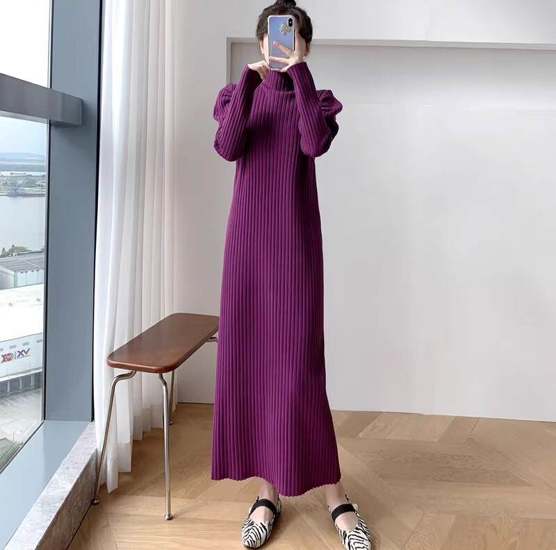 Rakuten - ニットワンピース ドレス ロングドレス ロング丈 袖あり 長袖 パフスリーブ ハイネック タートルネック リブ織 Iライン かわいい 大人可愛い きれいめ シンプル 大人 上品 おしゃれ 無地 レディース パーティー イベント
