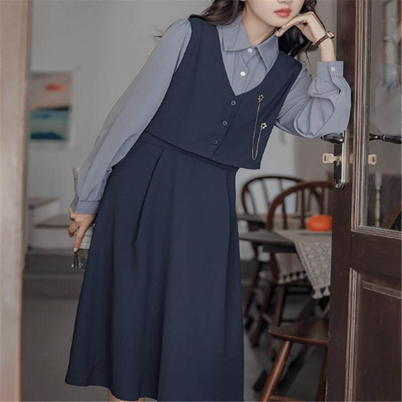 乐天商城 - セットアップ風 ワンピース ミモレ丈 長袖 シャツ袖 レギュラーカラー ハイウエスト かわいい 清楚系 大人可愛い きれいめ シンプル カジュアル 上品 おしゃれ個性的 清潔感 キュート ガーリー 無地 春 秋 20代 30代 レディース OL デート お出かけ 女子会 ショッピング