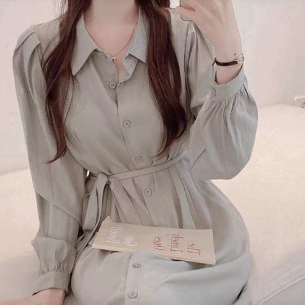 Rakuten - シフォン シャツワンピース ロング丈 長袖 パフスリーブ 襟付き ウエストリボン ハイウエスト フレア Aライン スレンダーライン かわいい 大人可愛い きれいめ 上品 シンプル カジュアル 大人 おしゃれ こなれ感 個性的 お呼ばれ 普段着 着回し
