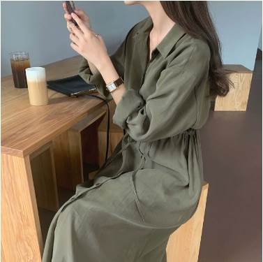 Rakuten - ワンピース シャツワンピース ロング丈 長袖 襟付き ポロ襟 スリム ストレート ウエストリボン ハイウエスト 大人可愛い きれいめ シンプル 上品 おしゃれ かっこいい ラブリー キュート とろみ感 無地 春 秋 10代 20代 30代 40代 レディース デート お出かけ