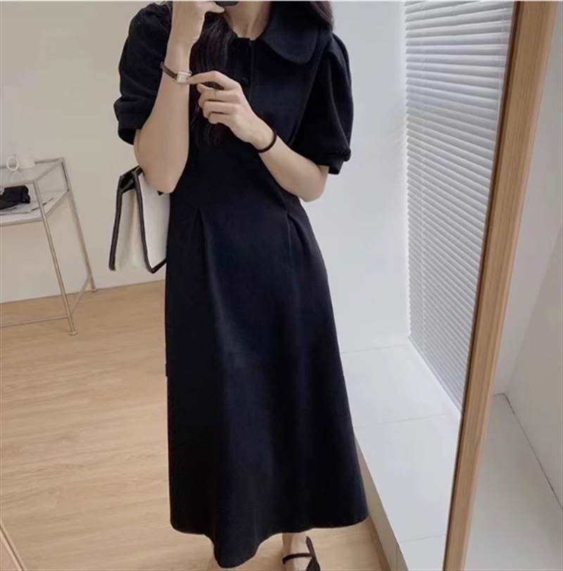 Rakuten - ワンピース ミモレ丈 半袖 パフスリーブ 襟付き ラージカラー ハイウエスト 大人可愛い きれいめ シンプル カジュアル 上品 お洒落 エレガント 存在感 夏 10代 20代 30代 40代 レディース ママ 学生 通学 デート 女子会 イベント モテ